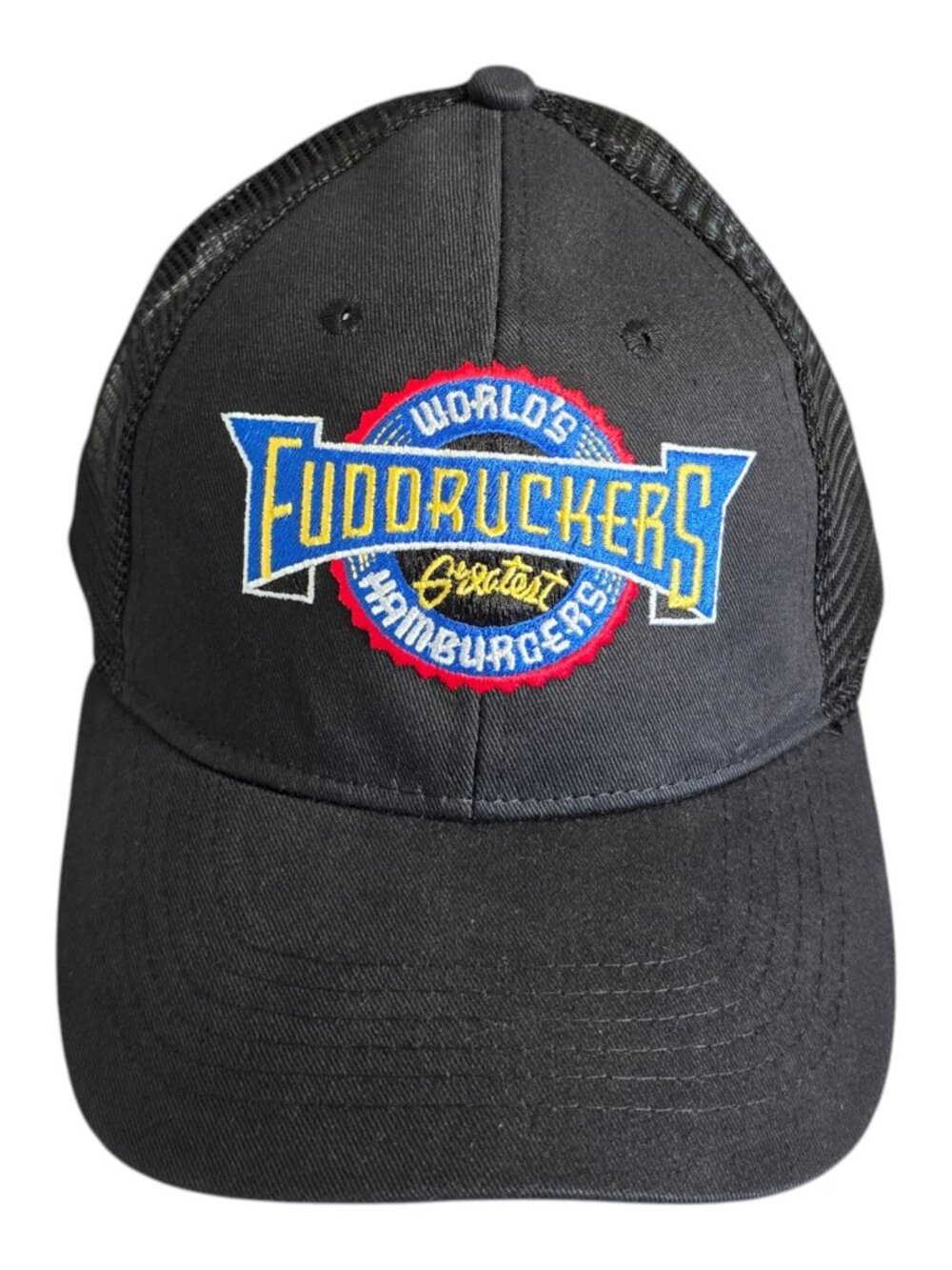 Fuddruckers World's Greatest Hamburgers Adjustable Baseball Cap Black Mesh Back